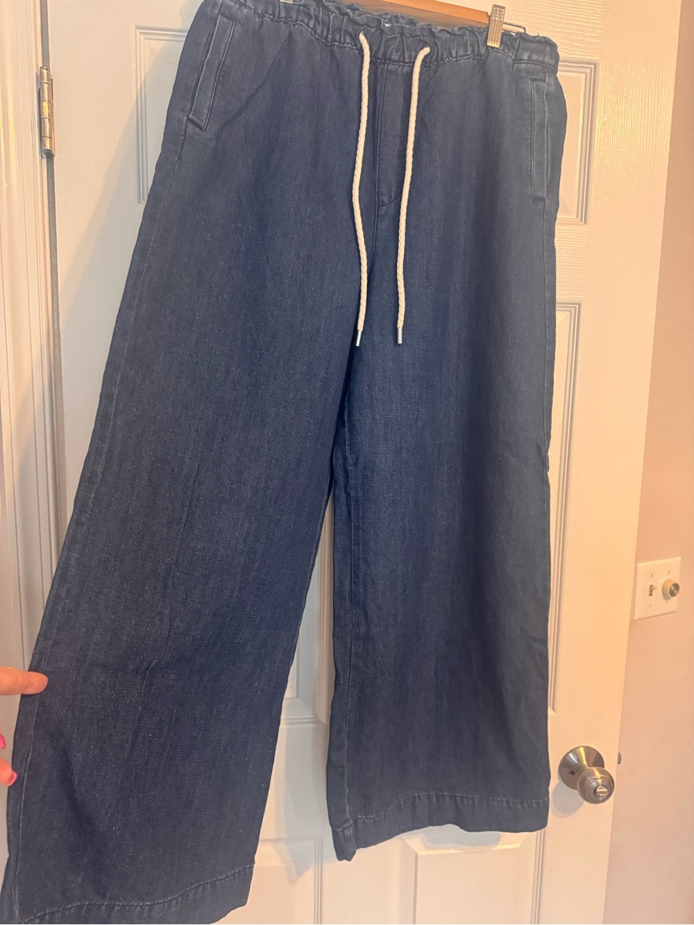 Loft Wide Leg Drawstring Denim Pants - Dark Blue